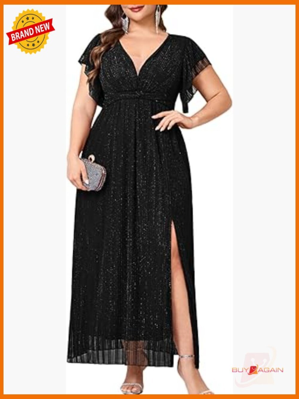Plus Size Sparkly Formal Maxi Dress V Neck Ruffle Sleeves Slit Gown Cocktail